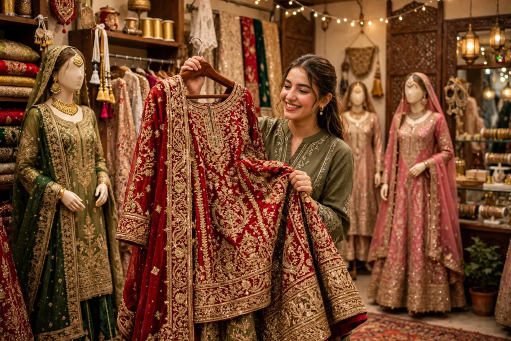 Bride-to-be holding an embroidered red bridal lehenga inside a Pakistani bridal boutique