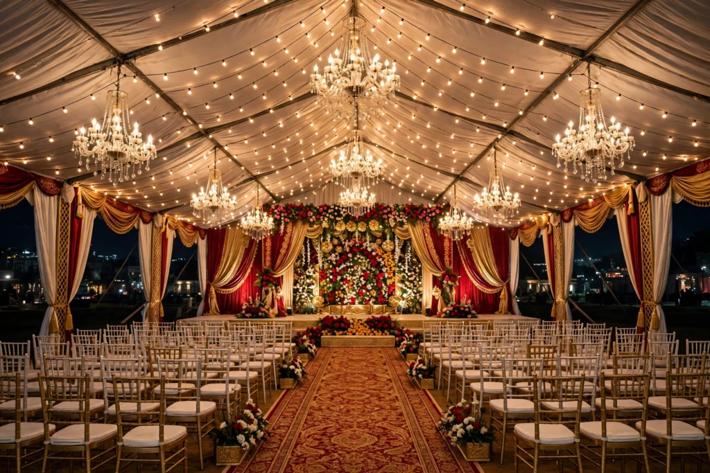 Lavishly decorated Pakistani wedding marquee at night with floral stage, chandeliers and guest seating