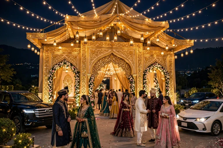 Grand wedding marquee in Islamabad lit up at night with guests arriving and the Margalla Hills in the background