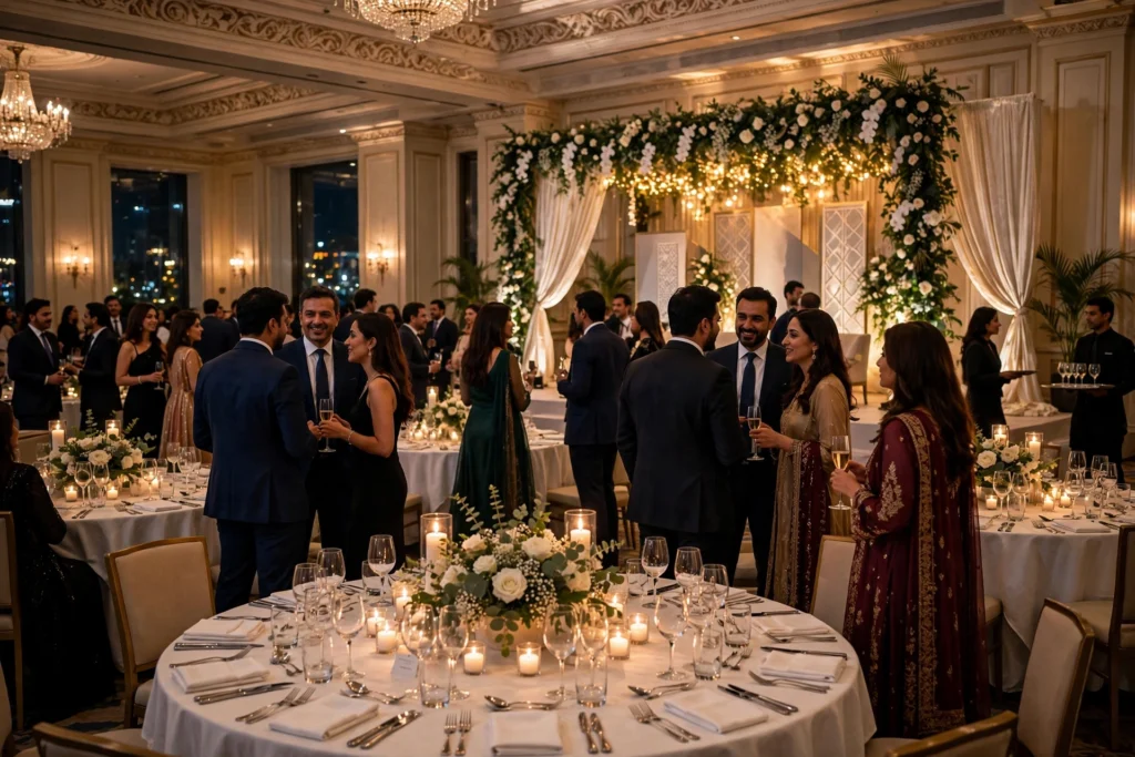 Corporate gala dinner setup with round tables in an elegant hotel ballroom in Karachi.