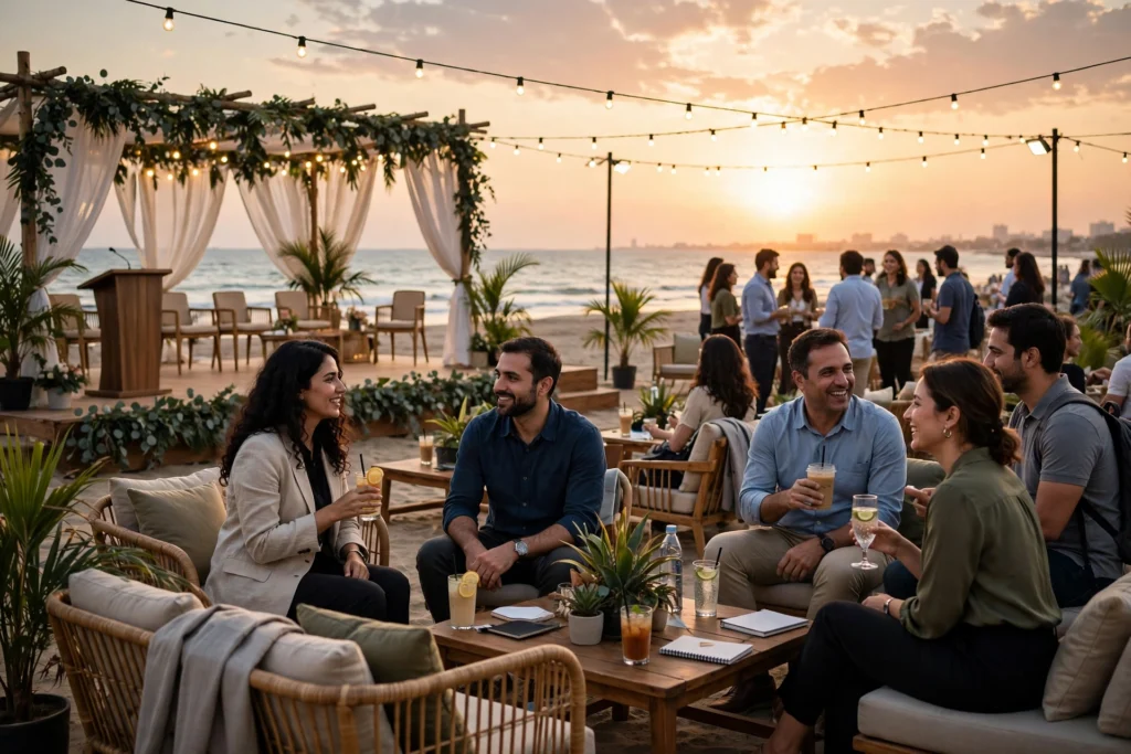 Corporate team retreat event setup on a Karachi beach at sunset with outdoor seating and ocean view.