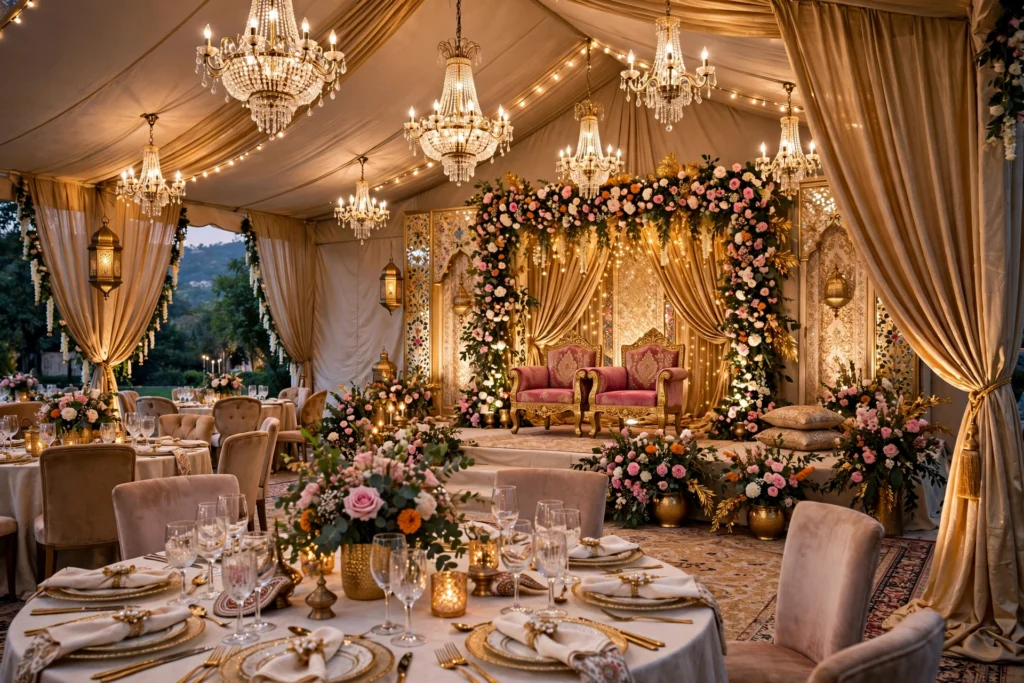 Elegant Pakistani wedding marquee interior with a decorated bridal stage, chandeliers and dining tables