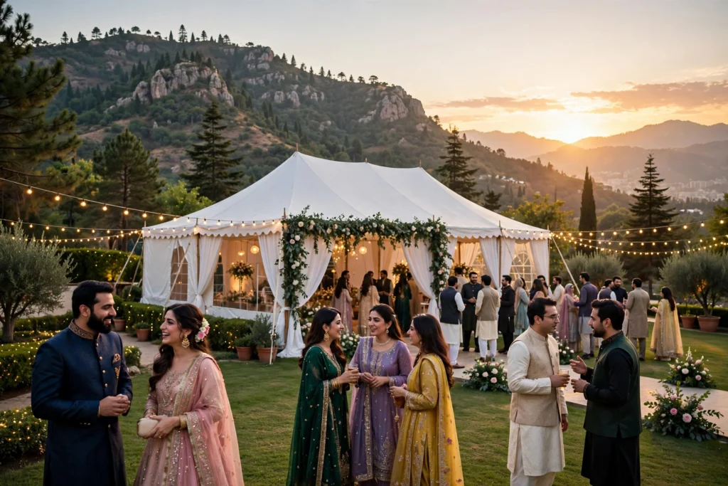 White outdoor wedding marquee at sunset with the Margalla Hills backdrop in Islamabad