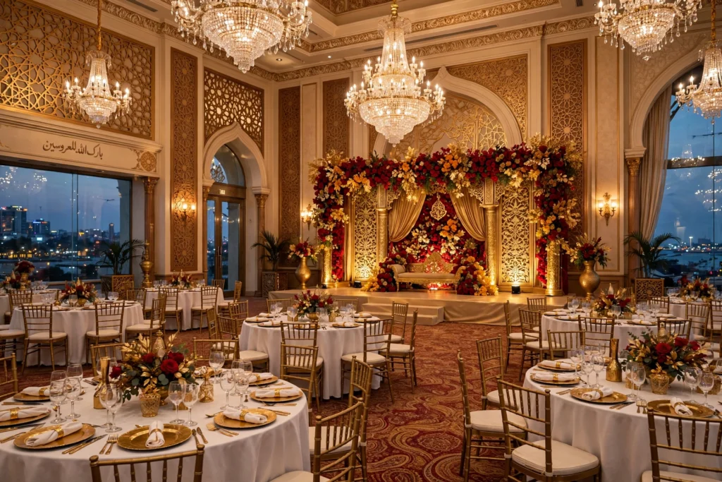 Elegant wedding banquet hall interior with chandeliers in Karachi
