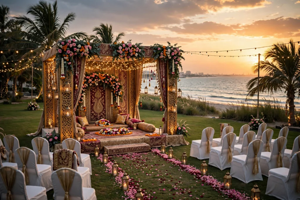 Beachside wedding setup with traditional Pakistani decor in Karachi at sunset