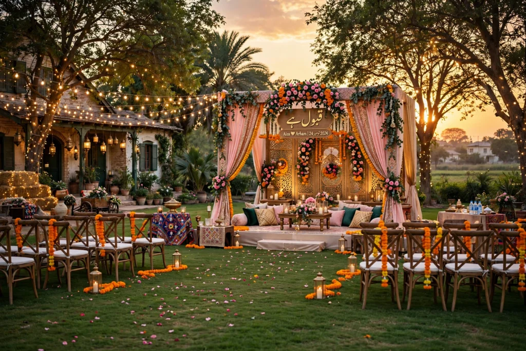 Farmhouse wedding setup with traditional Pakistani decor in Lahore at sunset