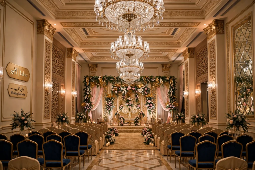 Elegant wedding hall interior with chandeliers in Lahore