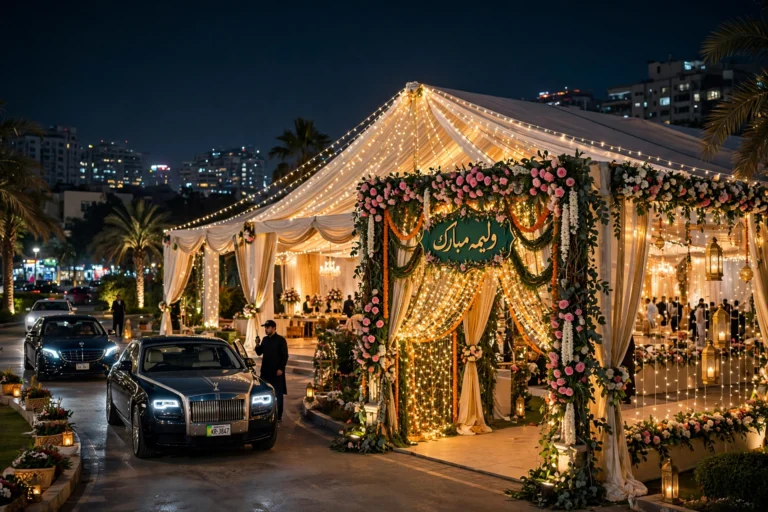 Outdoor wedding marquee decorated with lights in Karachi at night