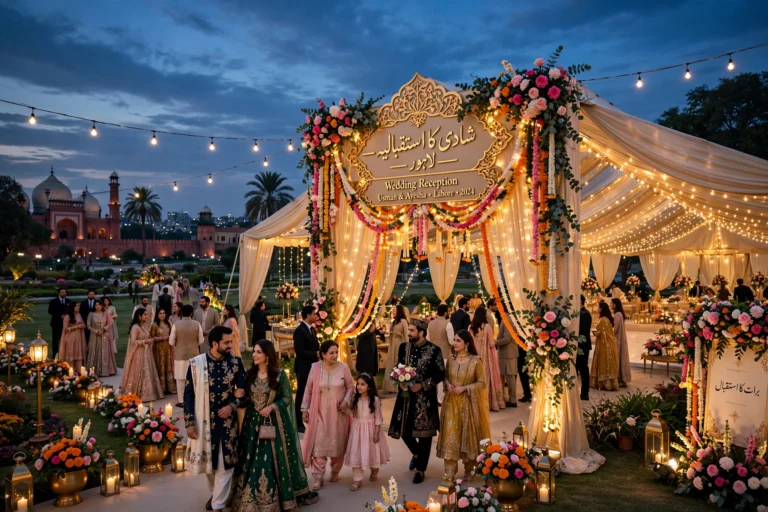 Outdoor wedding marquee decorated with lights in Lahore at night
