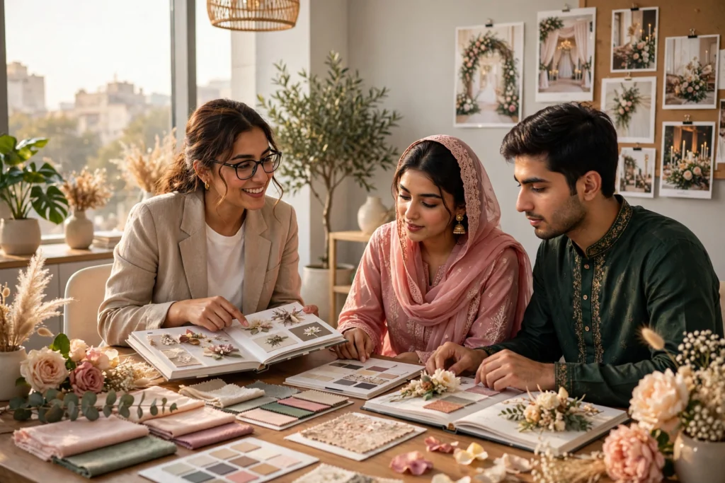 Wedding planner discussing decor options with a Pakistani couple in Lahore