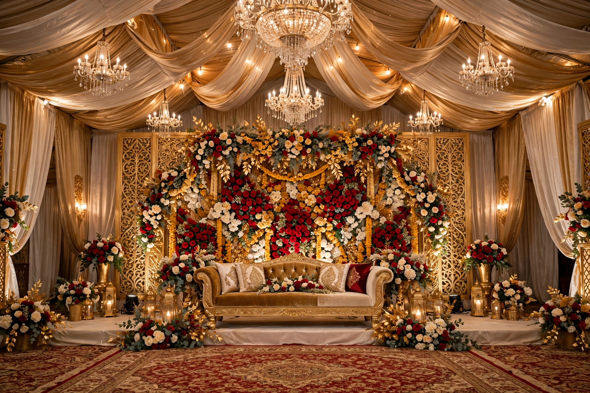 Grand Pakistani wedding stage with flowers and chandeliers inside a Lahore marquee